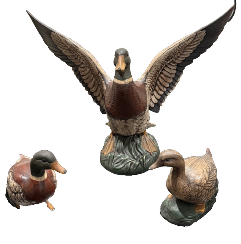 Vintage Resin Mallard Duck Figurine Set – Flying Drake, Standing Drake & Hen