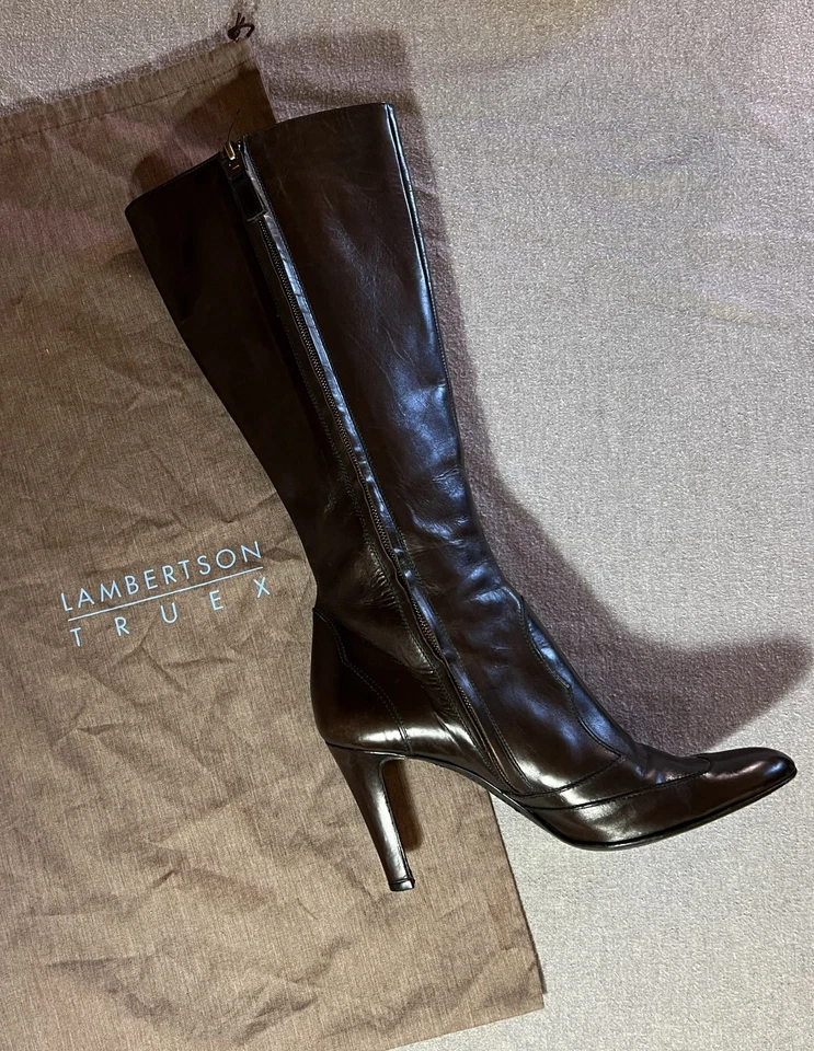 Lambertson Truex Women’s Brown Leather Heeled Long Boots Size 7.5 Made in Italy - Image 4 of 4