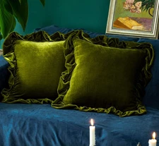 2 Velvet Throw Pillow Covers 18 x 18 in square Olive Green Ruffle