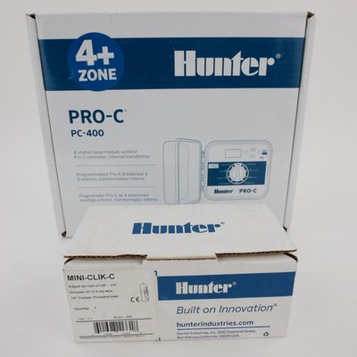 NEW Hunter Pro-C PC-400 Outdoor 4-Station Controller & Mini-Clik Rain Sensor NIB