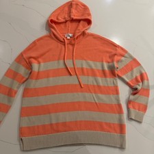 Belle Beach Kim Gravel Orange Tan Striped Knit Hoodie Sweater Womens Large