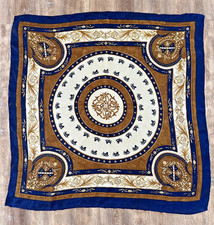 Horse Carriage Scarf Royal Blue Gold Brown Crest Floral Embossed 30x30