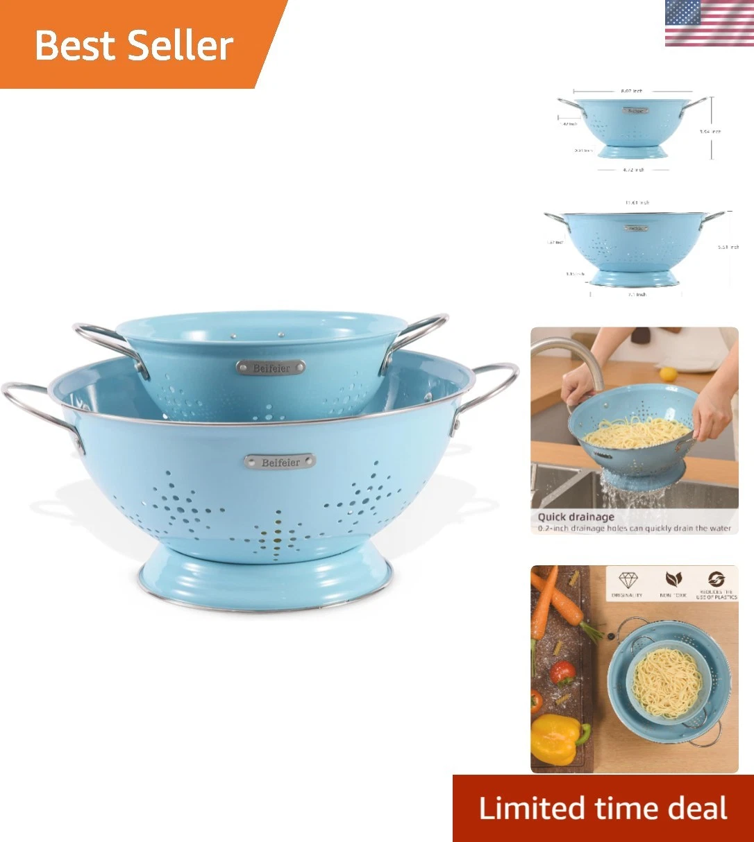 Metal Colander 2 Pack, Strainer Bowel with Handles 2Qt & 6Qt Powder Coated So...