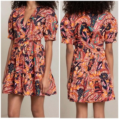 ALC Carey Belted Printed Cotton Mini Dress Russet Multicolor V-Neck Resort 0