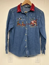 Grandma core granny Womens Medium Christmas Blue Embroidered  Bear Top Denim