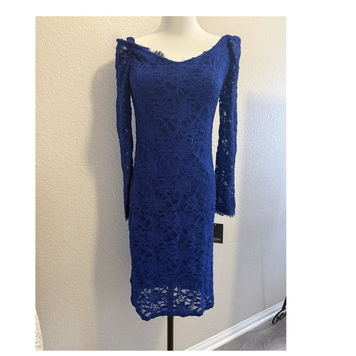 marina floral lace dress Marina Women's 4 Blue Floral Lace Sheath Dress Scoop Neck Sheer Sleeves Knee
