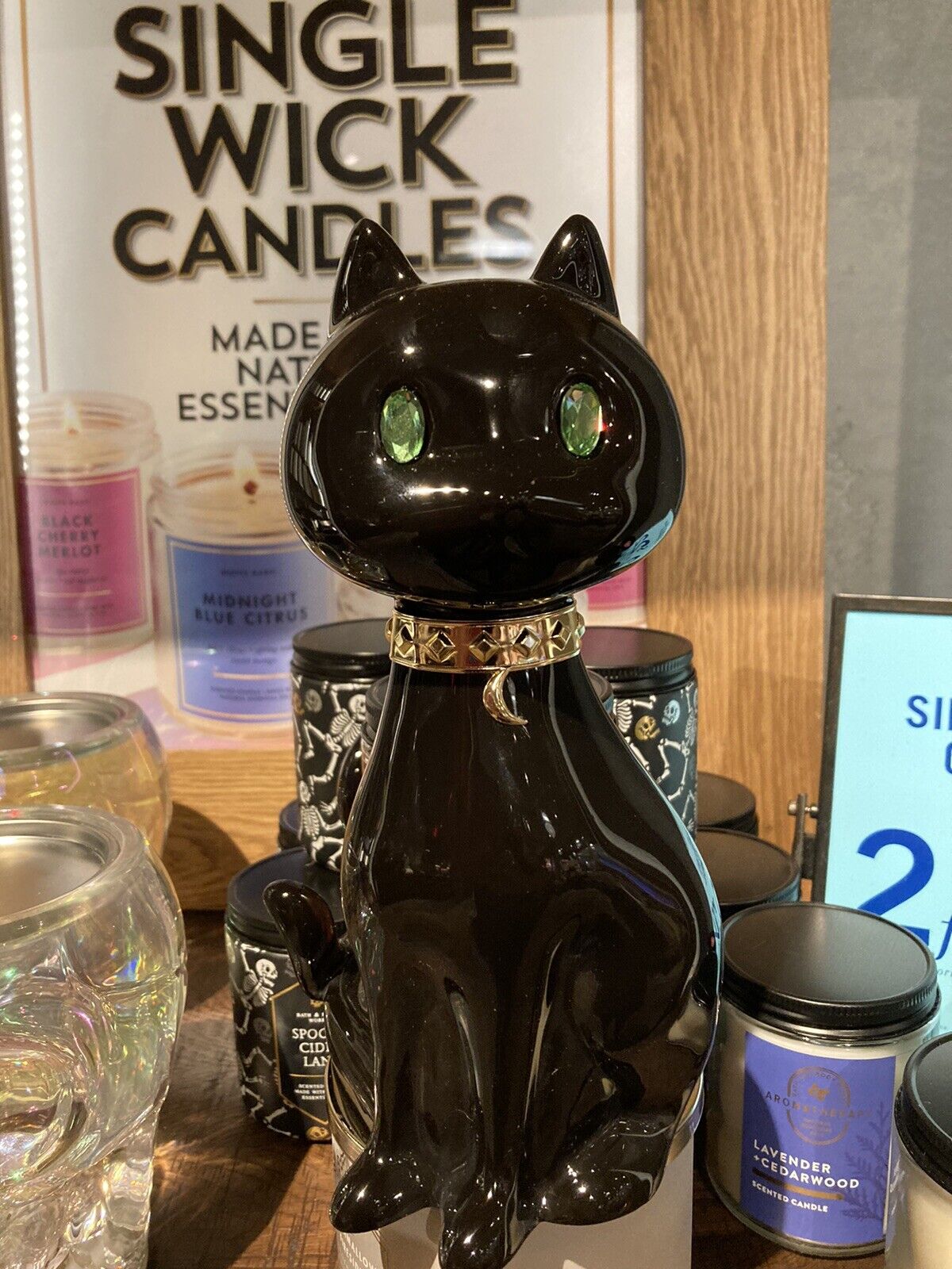 New Bath Body Works Halloween 2022 Black Cat Green Eye Single Wick Candle  Holder