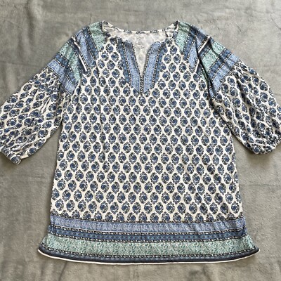 J.Jill PureJill Tunic Blouse Shirt XS Border Printed Split Neck Boho Peasant