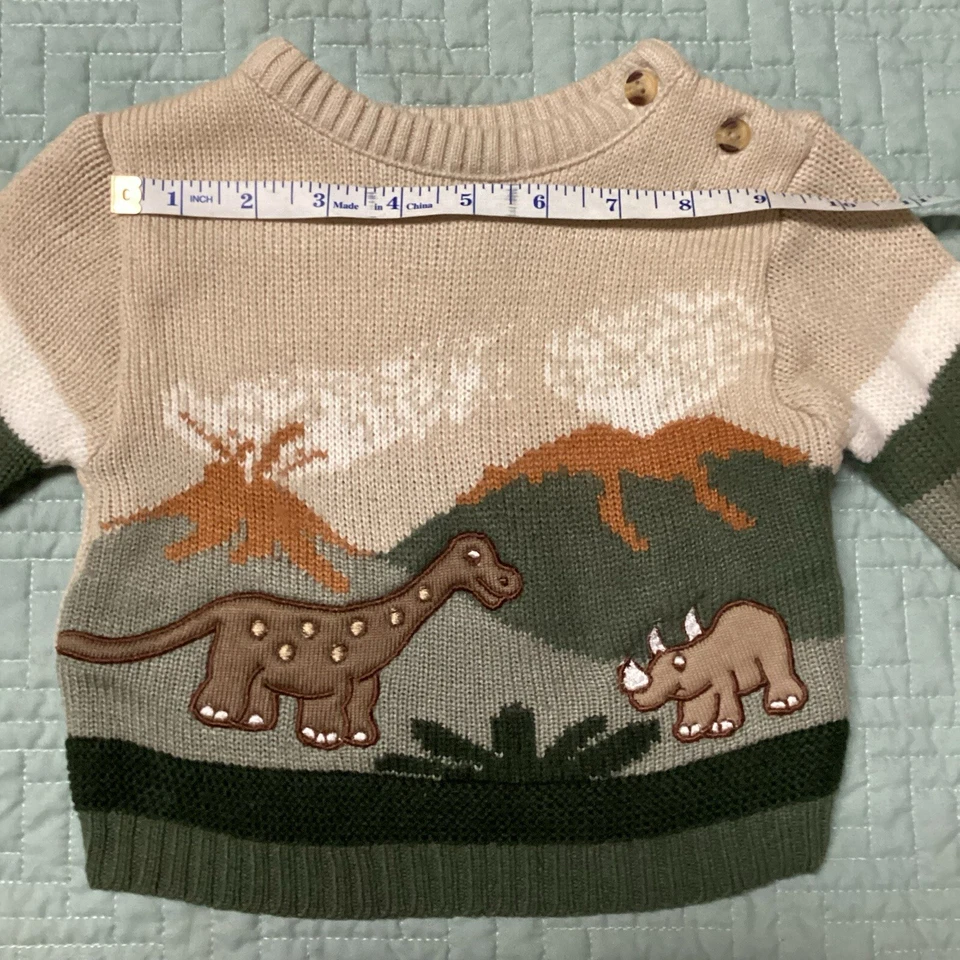 B.T. Детский свитер динозавр вулкан Dino Land зеленый желтовато-коричневый очаровательный свитер 9-12 M - Изображение 4 из 4