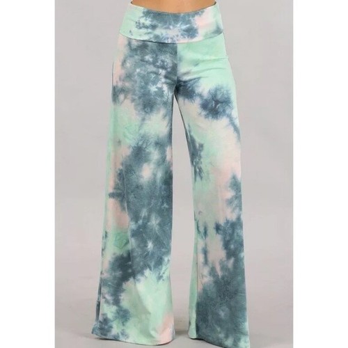 Teal Green Tie Dye Wide Leg Palazzo Relaxed Fit Foldover Waist Lounge Pants - Picture 2 of 6