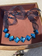 RODRIGO OTAZU SWAROVSKI BLUE TIE/Wrap Necklace Silver Tone Signed