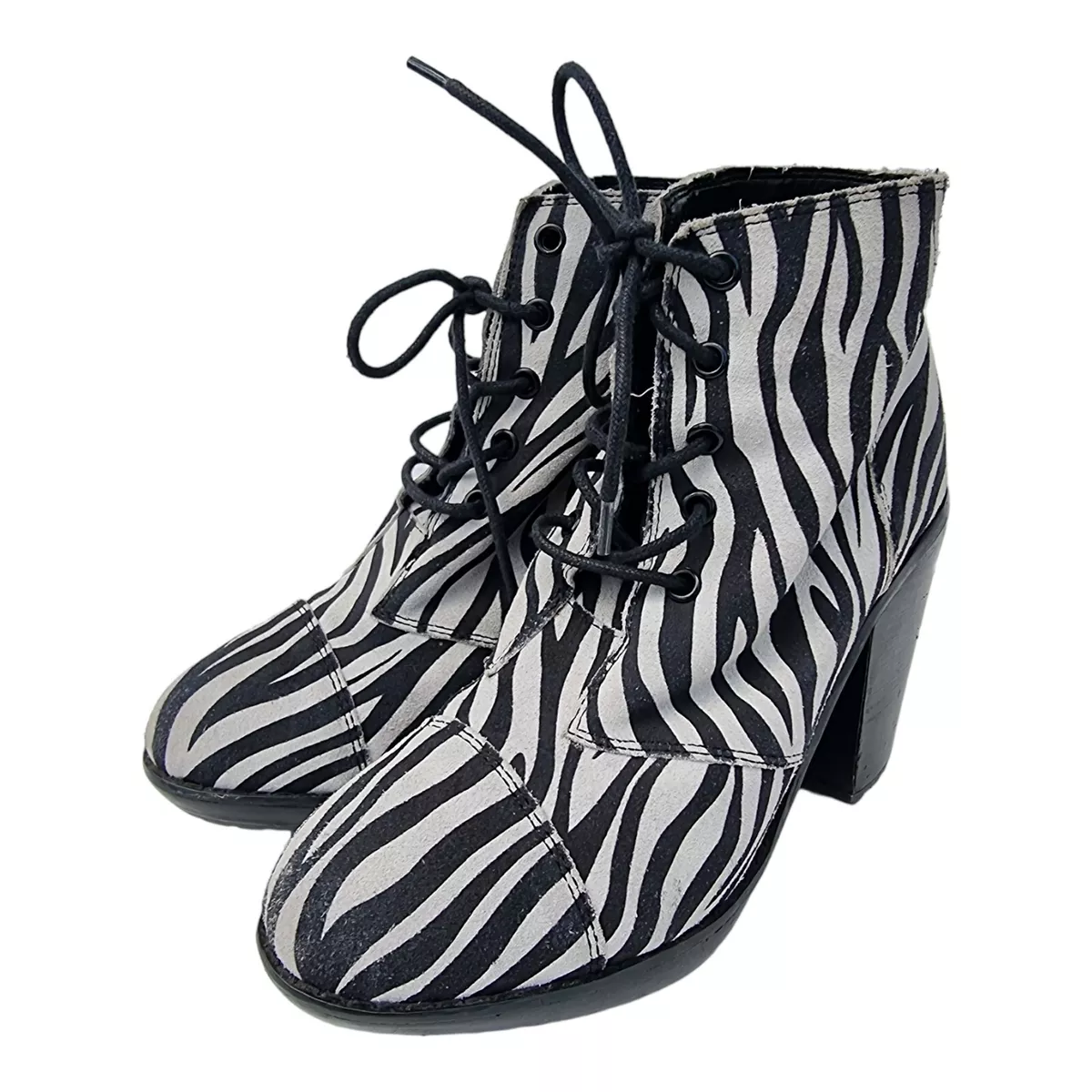 KIMCHI BLUE Leather Zebra Print Heel Lace Up Boots Size 8.5 Animal Punk Rare