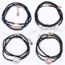 Faceted 3mm Black Spinel Round Gems Beads White Pearl Pendant Necklace 18inch