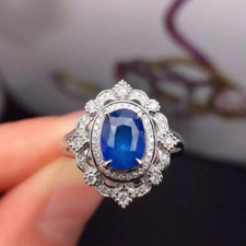 Ceylon Blue Sapphire With Crystal Clear Cubic Zirconia Cluster Engagement Ring