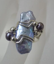 Handmade Blue Black/Silver Freshwater Stick  Pearl Ring in sterling silver