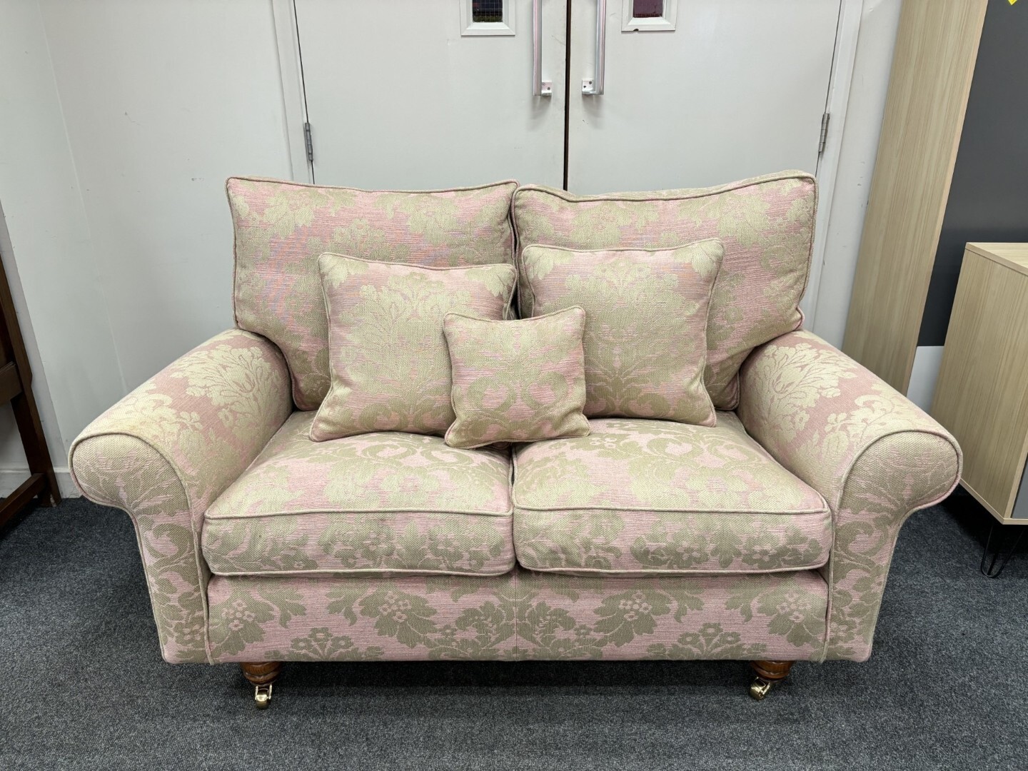 Duresta 2 Seater Sofa Couch Loveseat in Pink and Gold Patterned Fabric