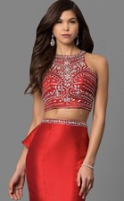 Red Rhinestone Ruffle 2 Piece Long Formal Prom Dress