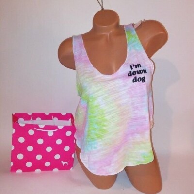 Victoria Secret PINK Tank Top Large Rainbow Tie Dye Im Down Dog Muscle Crop New