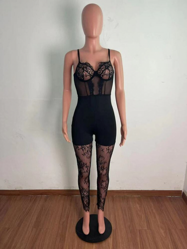 Nuevo Mujeres Sexy Mono de Club Sólido con Correa de Espagueti Malla Retazos Ajustado - Imagen 6 de 11