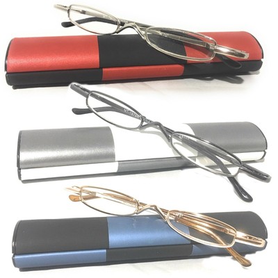small reading glasses in metal case
