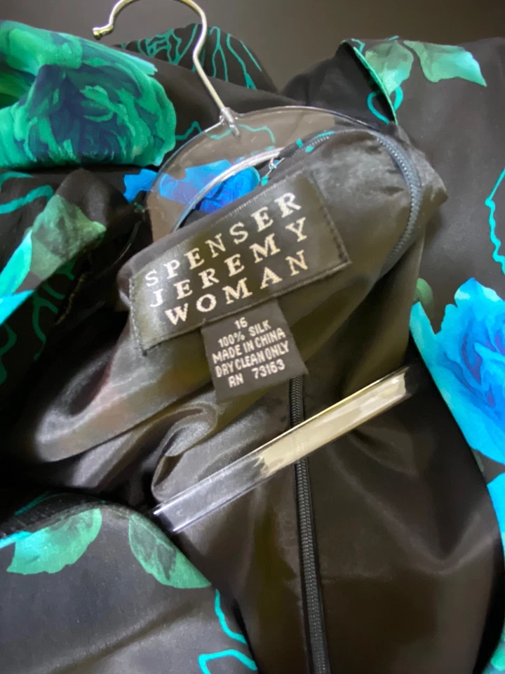 Lindo Vestido Spenser Jeremy Negro Azul Floral Talla 16 100% Seda Formal Iglesia Foto 3 de 3