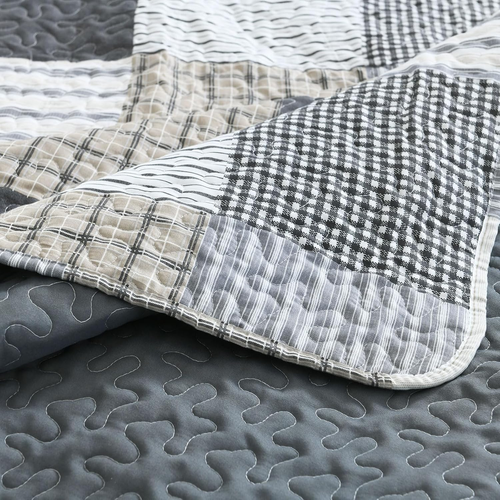 3-Piece Queen Quilt Set, Lightweight Soft Full Size Quilt Gray Patchwork Farmhou - Picture 5 of 7