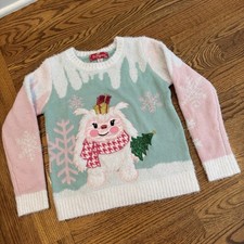 Girls white yeti holiday sweater / ugly Christmas sweater.