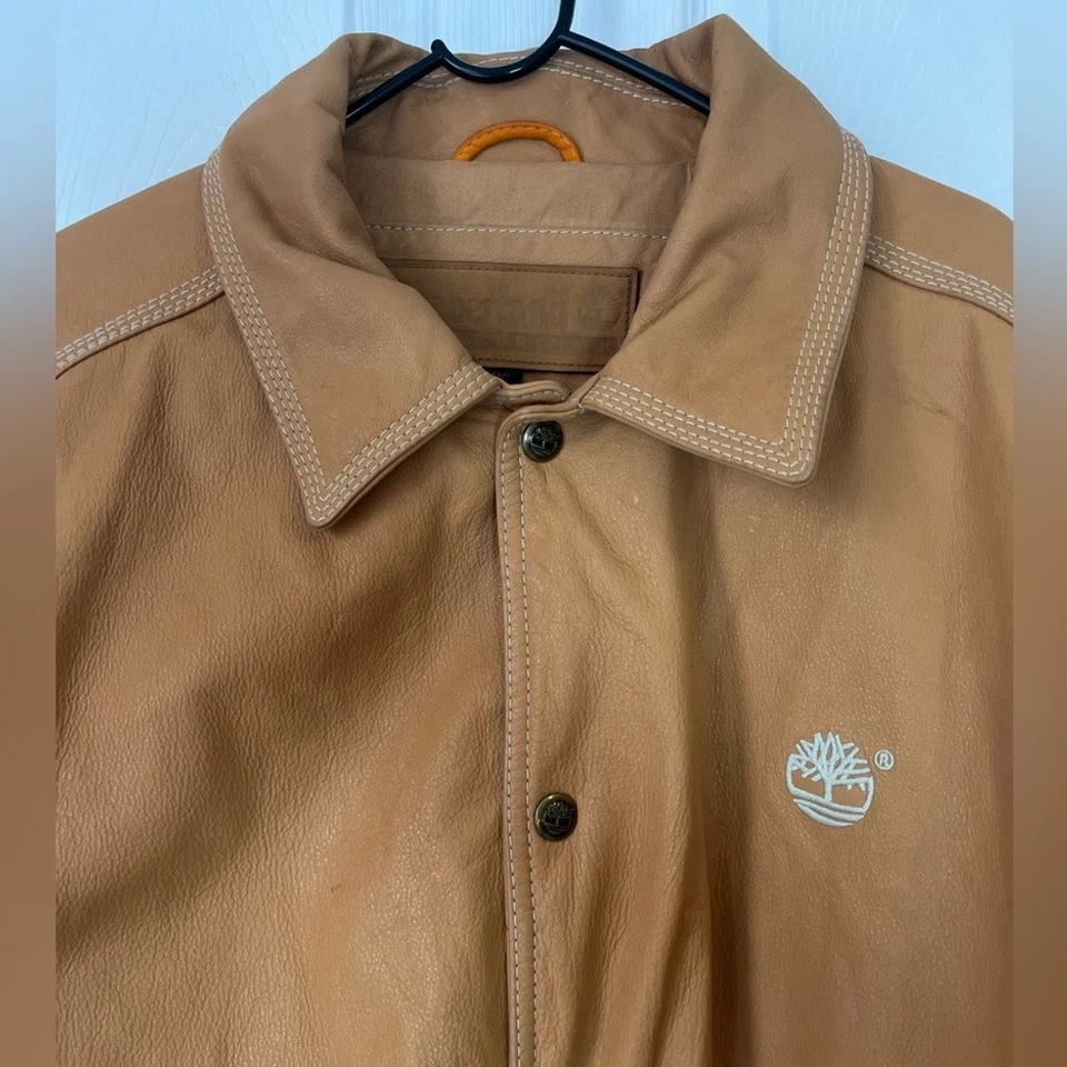 Timberland vintage Logo Tan cowhide Leather bomber Jackets size XXL - Image 4 of 4