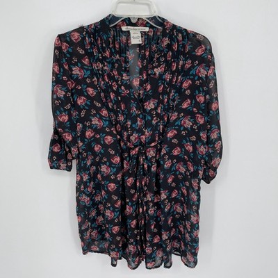 American Rag Cie Women's Y2K Black Floral Pleated Button Up Tunic Blouse Size S
