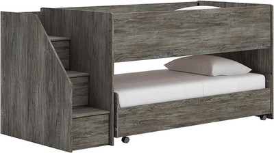 Frandern Twin Loft Bed with Storage Steps & Trundle in Rustic Warm Gray