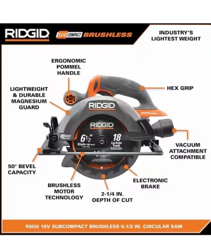 RIDGID 18V SubCompact Brushless Cordless 6 1/2" Circular Saw (Tool Only) - Image 2 of 4