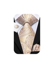 Mens 70 inches Tie Set Extra Long Necktie With Cufflinks Handkerchief Beige a