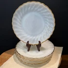 Fire-King Swirl Milk Glass Plates Gold Trim Vintage Set of 6 Anchor Hocking 7"