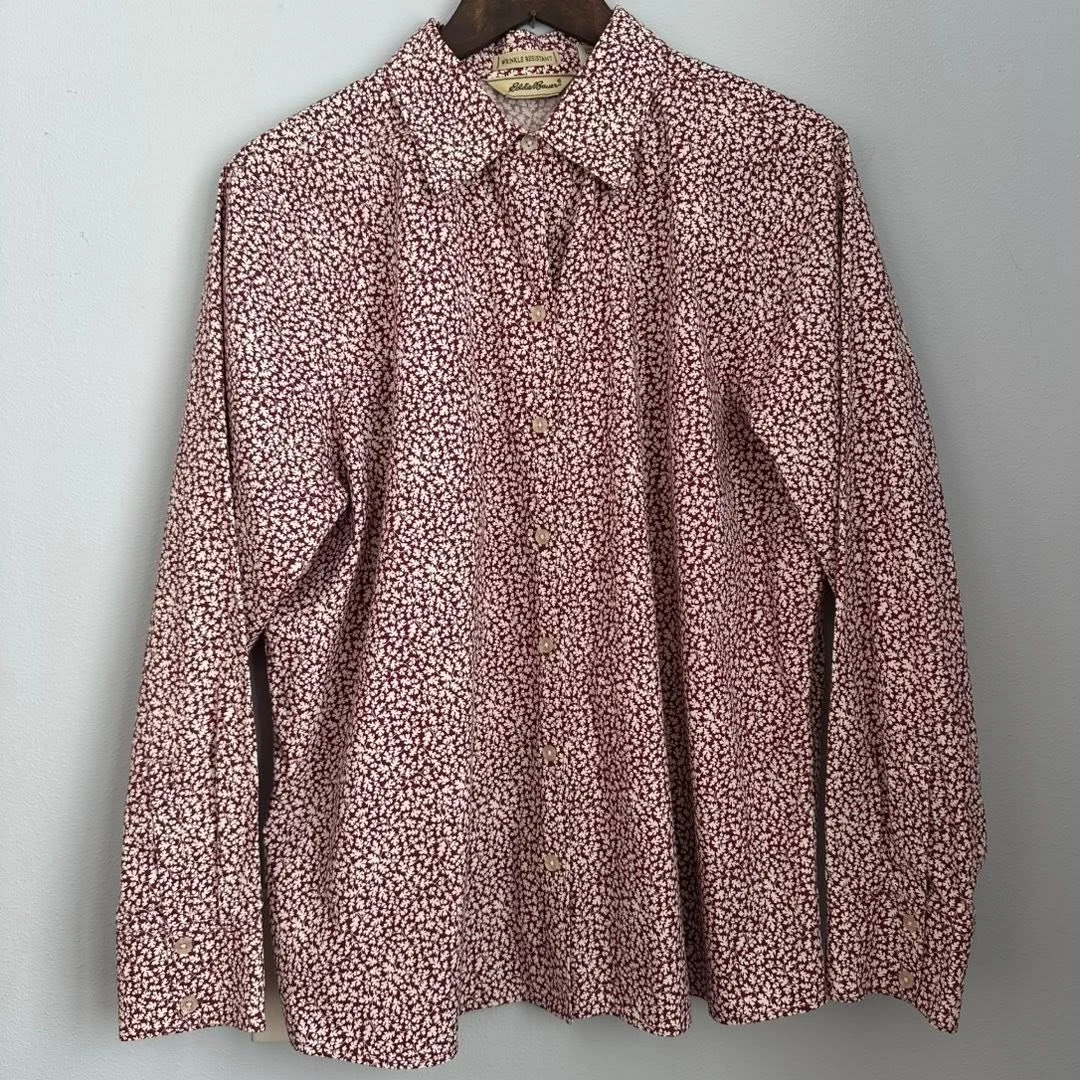 Eddie Bauer Floral Button Up Shirt XL Red White Cotton Wrinkle Resist