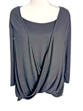 Jennifer Lopez Black Blouse XL Wrap Style Layered Asymmetrical Hem Soft Drape