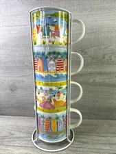 Unbranded Set Of 4 Stackable Cups/Mugs Beach Scene Includes Metal Stand