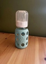Life Factory Glass Baby Bottle with Silicone Sleeve Stage 1 Nipple 4oz Mint USED