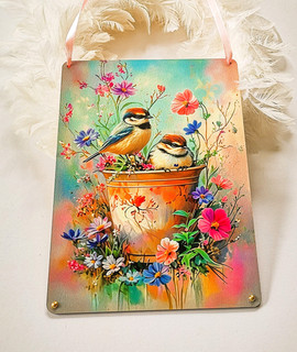 Zauberhafte Vögel mit farbenfrohen Blumen Hänge Deko 15 cm x 20 cm