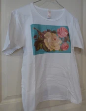 NEW Transfer Art Victorian Shabby Chic ROSES Ladies Small WHITE Anvil COTTON TEE