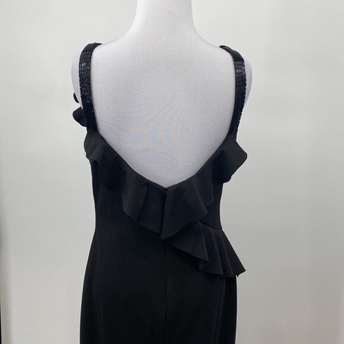 Lauren Ralph Lauren Ruffle-Trim Crepe Gown Women Sz 8 Black Beaded Cocktail Maxi - Picture 7 of 16