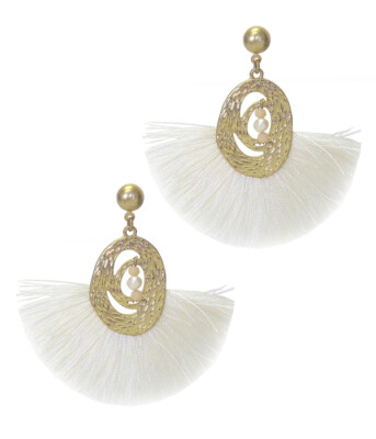Gold Toned Earrings with Ivory Thread Tassels Pearl in Center of Earrings Post