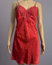VTG Val Mode 90s RED SEXY SILKY Size S Satin Slip Dress Lace Nightgown LINGERIE