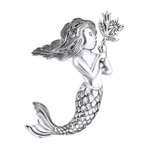 Authentic Rare Large Mermaid Holding Flower 14K White Gold Plated Slide Pendant Necklace