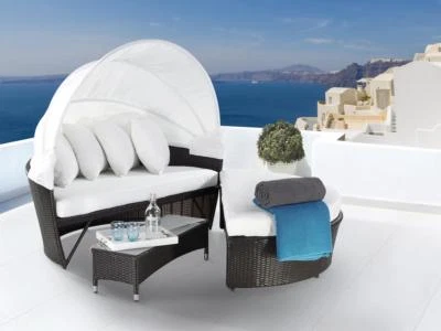 Großer Rattan Strandkorb Strandmuschel gepolsterte Sonneninsel Gartenliege weich - Bild 1 von 4