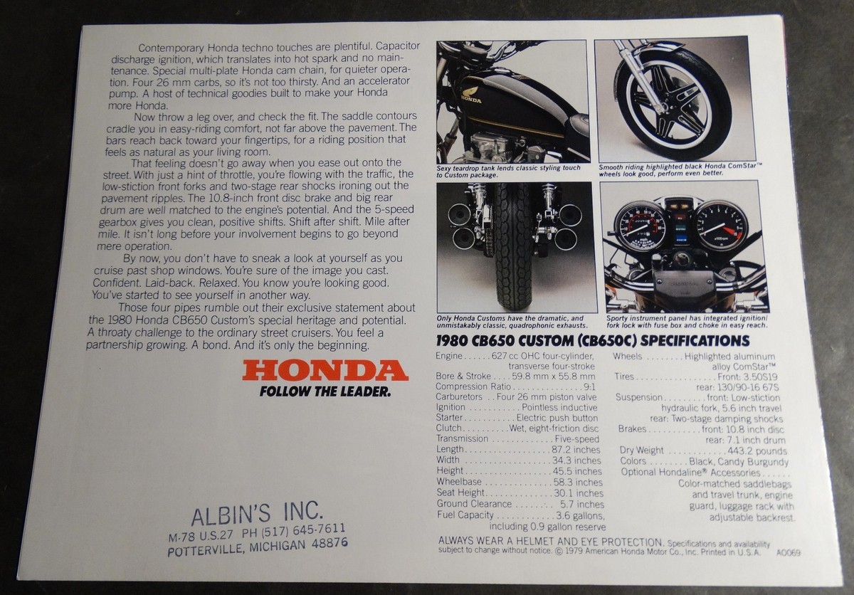 1980 HONDA MOTORCYCLE CB650 CUSTOM SALES BROCHURE 4 PAGES NICE