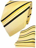 Tigertie Seidenkrawatte + Seideneinstecktuch In Gelb Weiß Schwarz Gestreift
