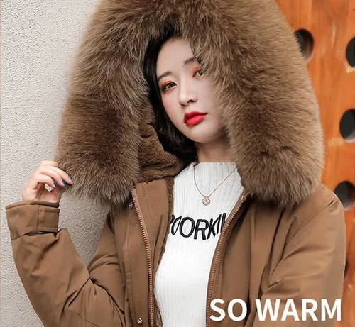 Women's Coat Hood Mid Length Jacket Zipper Fur Collar Plush Thick Jacket Parka - Foto 3 di 22