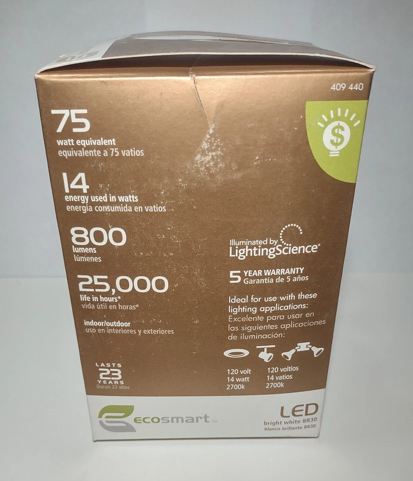 EcoSmart LED Dimmable BR30 Lamp 800 Lumens (75W equivalent) 409-440 NEW IN BOX! - Image 3 of 4