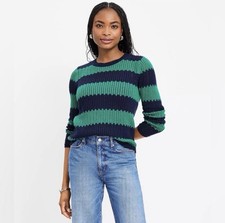 Loft Green Blue Striped Open Stitch Knit Sweater Women s Size Medium Boho Preppy