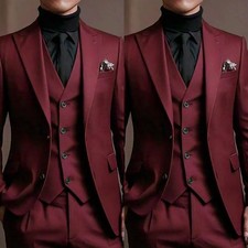 Tailored Men Suit Burgundy Peak Lapel Banquet Jacket Tuxedo Evening Wedding 3Pcs